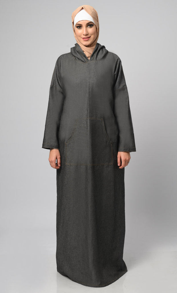 Women's Hooded Denim Abaya With Front Pockets Included - EastEssence.com