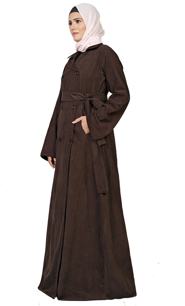 Women's Islamic Brown Corduroy Overlaped Jacket With Lose Belt And Pockets - EastEssence.com