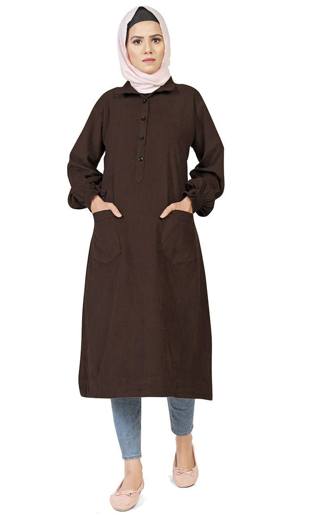 Women's Islamic Warm Brown Corduroy Collar Button Long Tunic - EastEssence.com