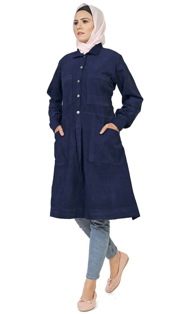 Women's Islamic Warm Corduroy Collar Button Navy Long Tunic - EastEssence.com