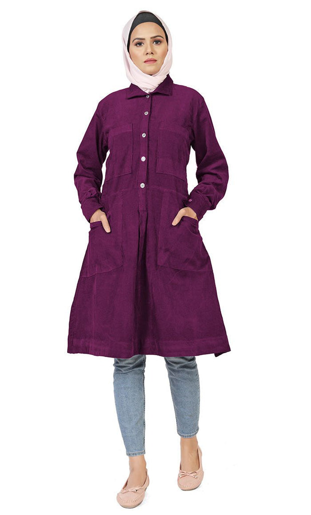 Women's Islamic Warm Corduroy Collar Button Wine Long Tunic - EastEssence.com