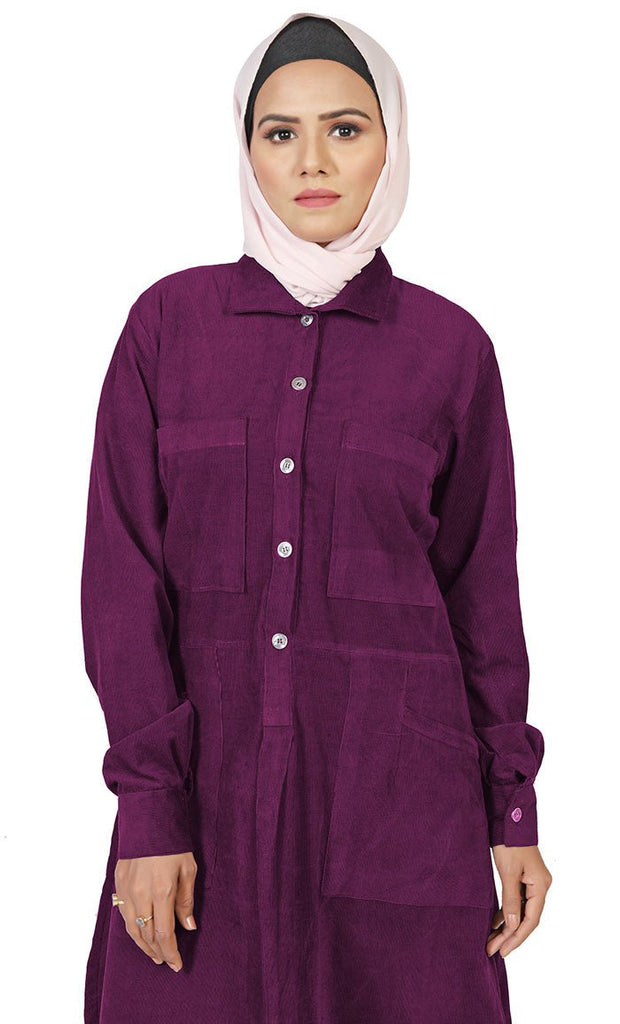 Women's Islamic Warm Corduroy Collar Button Wine Long Tunic - EastEssence.com