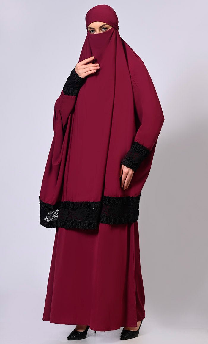Women's Abaya and niqab Set with Stylish Lace Detaili
