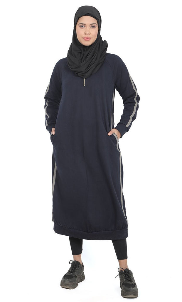 Women's Navy Fleece Long Tunic With Side Contrasted Panel And Pockets - EastEssence.com