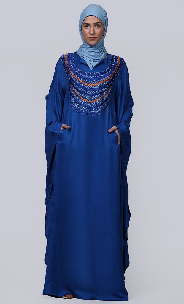 Women's Royal Blue New Embroidered Work Detailing Kaftan Style Abaya - EastEssence.com