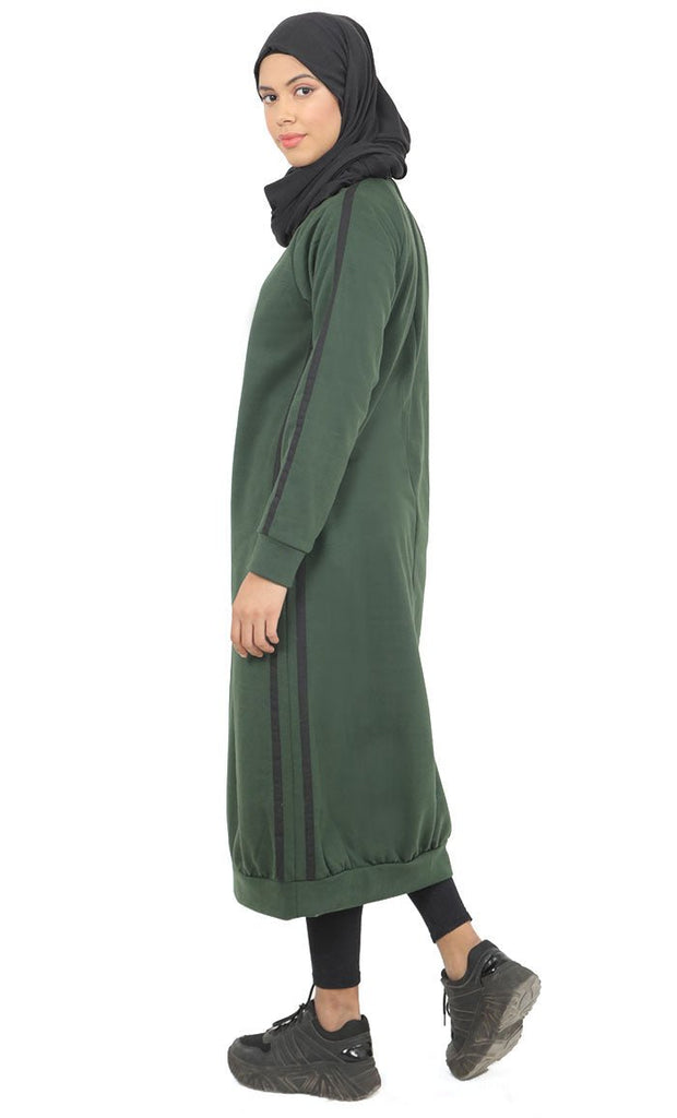 Women's Teal Green Fleece Long Tunic With Side Contrasted Panel And Pockets - EastEssence.com