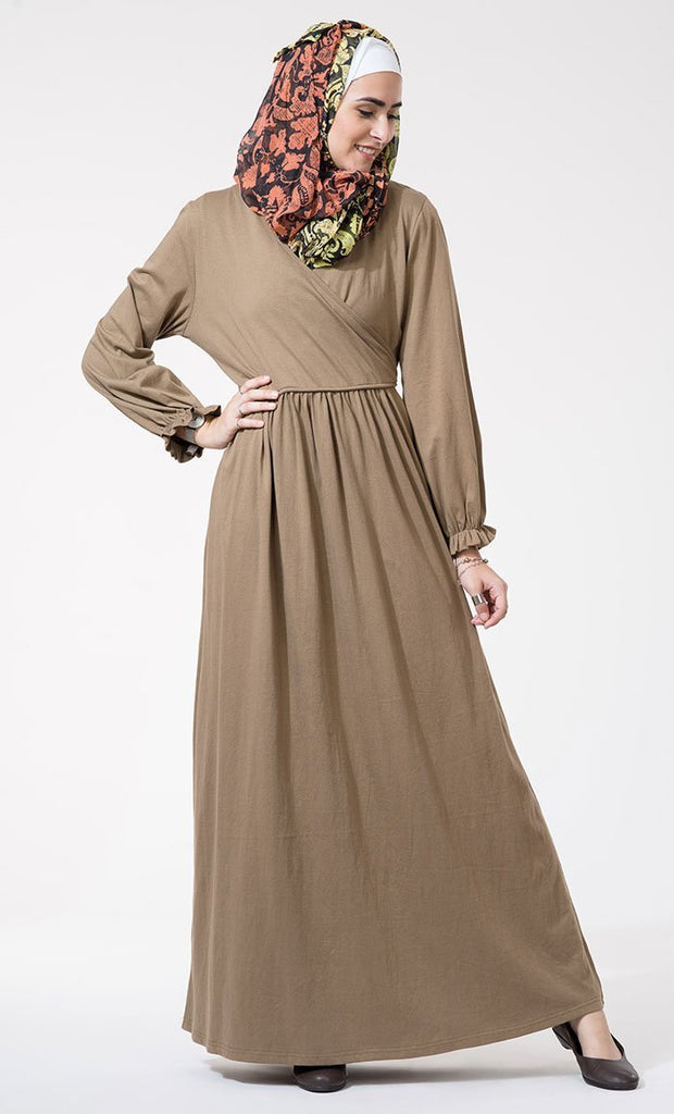 Wrap around and ruffled edged seeves detail abaya dress - EastEssence.com