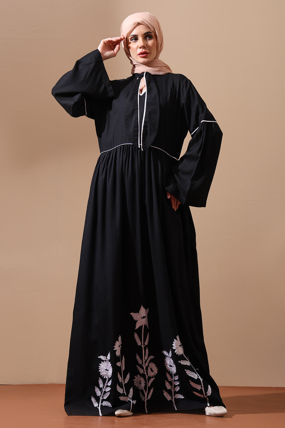 Flared Abaya with White Floral Hem Embroidery