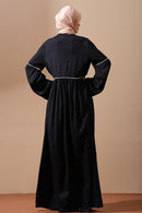 Flared Abaya with White Floral Hem Embroidery