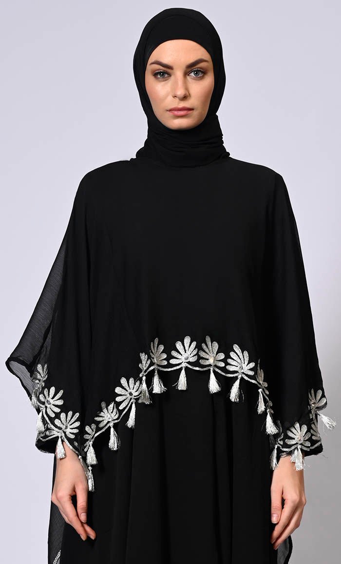 2 Pc Cape style Embroidered Black Abaya with Scalloped Edges and Tassels Detailing - Final Sale - EastEssence.com