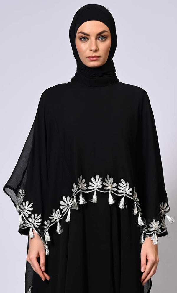 2 Pc Cape style Embroidered Black Abaya with Scalloped Edges and Tassels Detailing - Final Sale - EastEssence.com