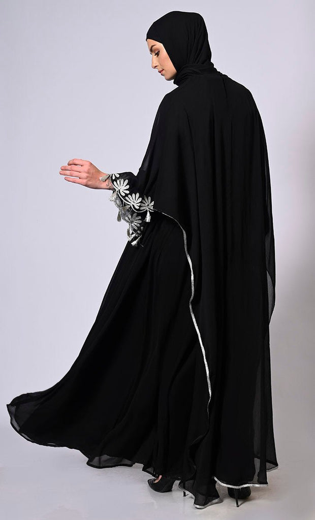 2 Pc Cape style Embroidered Black Abaya with Scalloped Edges and Tassels Detailing - Final Sale - EastEssence.com