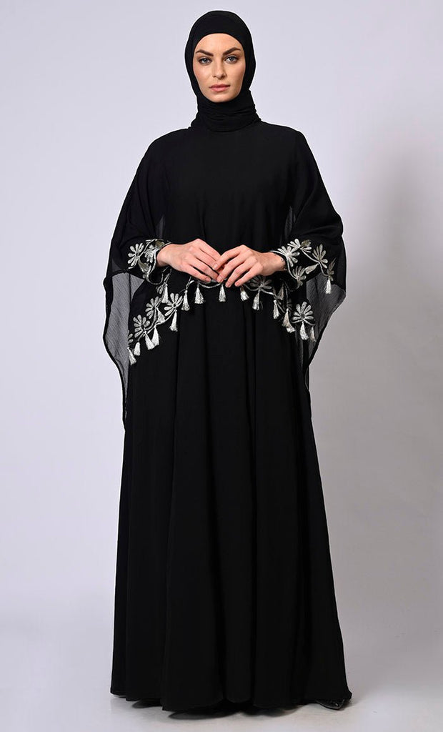 2 Pc Cape style Embroidered Black Abaya with Scalloped Edges and Tassels Detailing - Final Sale - EastEssence.com