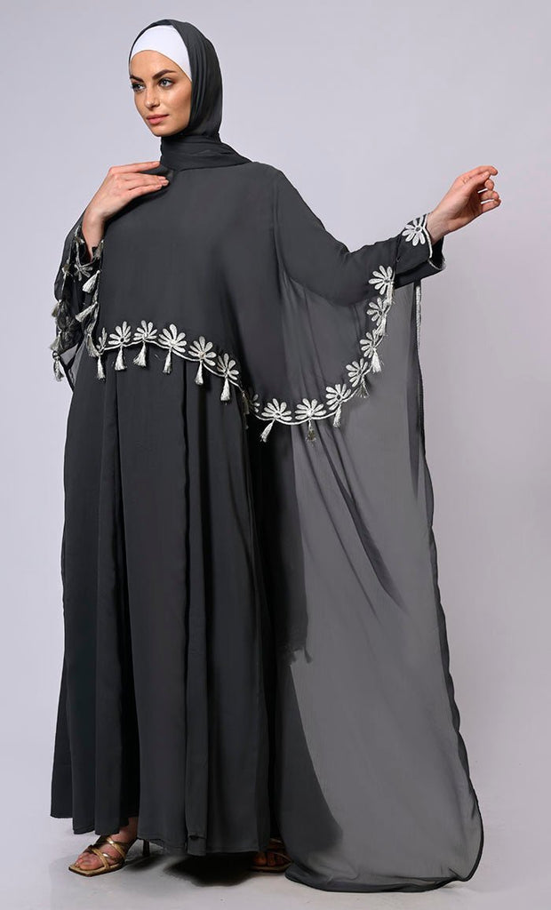 2 Pc Cape style Embroidered Grey Abaya with Scalloped Edges and Tassels Detailing - Final Sale - EastEssence.com