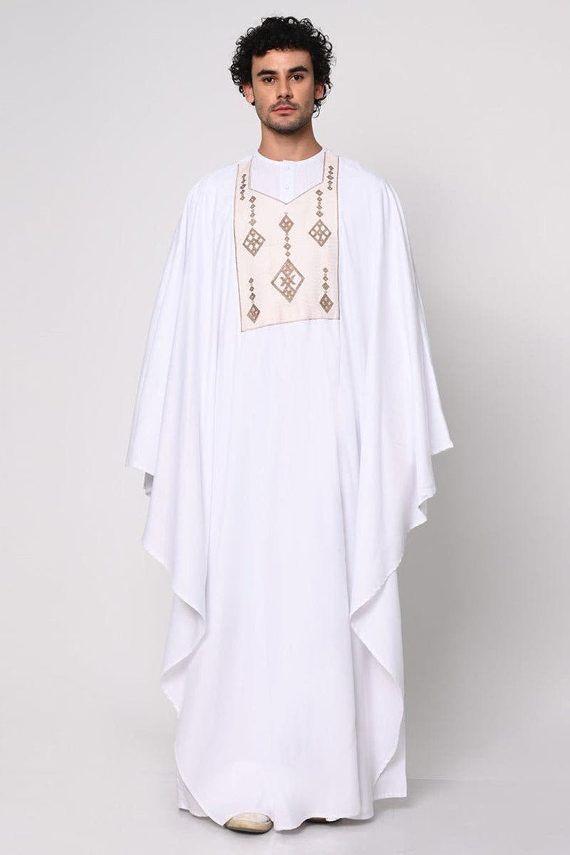 2 Pc Embroidered Men's White Kaftan Set with Pockets
