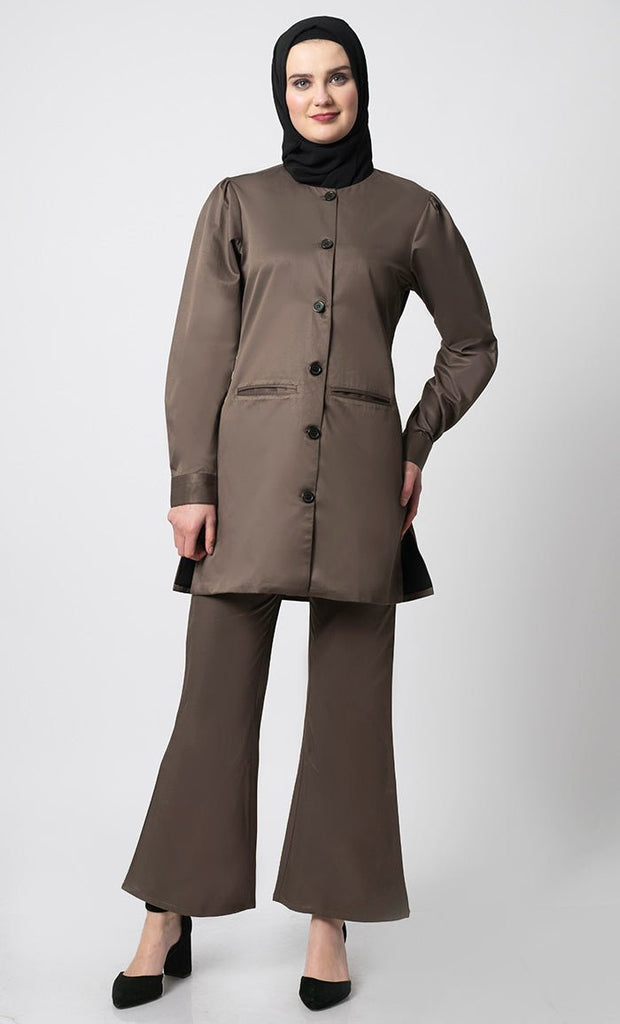 2 - Piece Korean Twill Uniform jacket and pant set– Round Neck, Cuffed Sleeves, Pockets - EastEssence.com