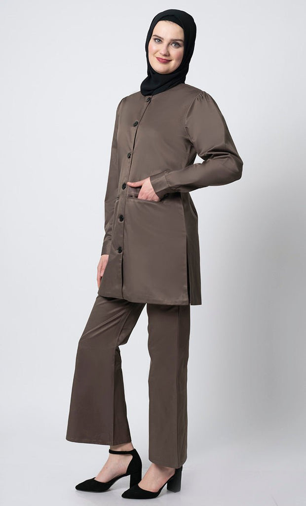 2 - Piece Korean Twill Uniform jacket and pant set– Round Neck, Cuffed Sleeves, Pockets - EastEssence.com