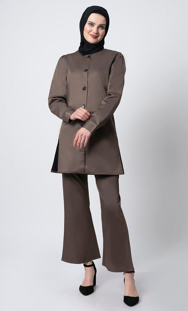 2 - Piece Korean Twill Uniform jacket and pant set– Round Neck, Cuffed Sleeves, Pockets - EastEssence.com