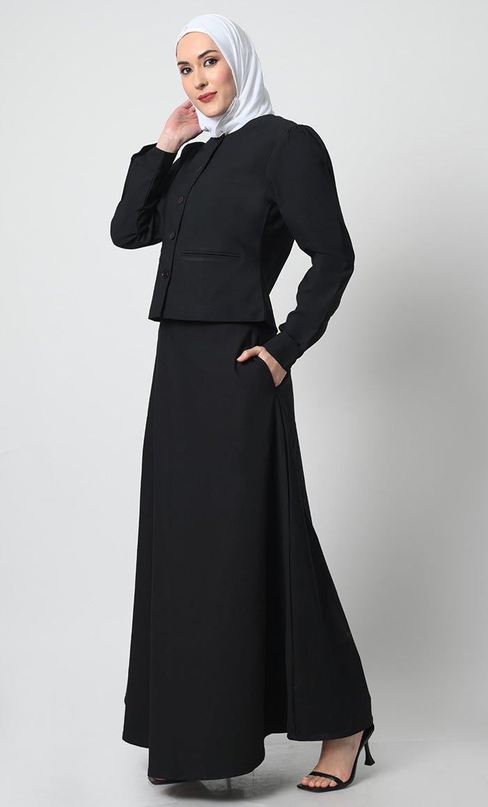 2 - Piece Korean Twill Uniform – Round Neck, Cuffed Sleeves, Pockets - EastEssence.com