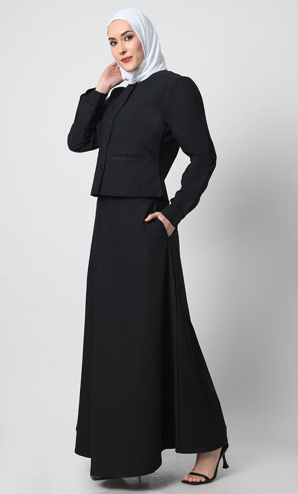 2 - Piece Korean Twill Uniform – Round Neck, Cuffed Sleeves, Pockets - EastEssence.com