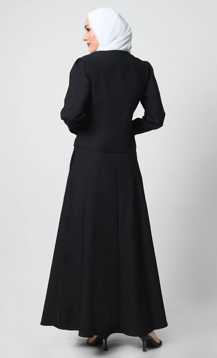 2 - Piece Korean Twill Uniform – Round Neck, Cuffed Sleeves, Pockets - EastEssence.com