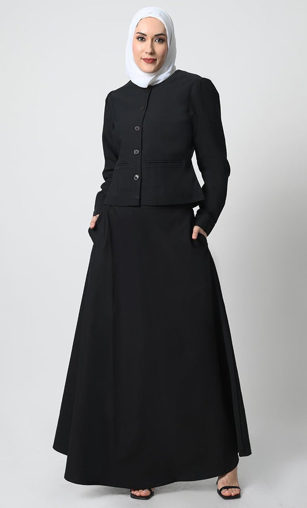 2 - Piece Korean Twill Uniform – Round Neck, Cuffed Sleeves, Pockets - EastEssence.com