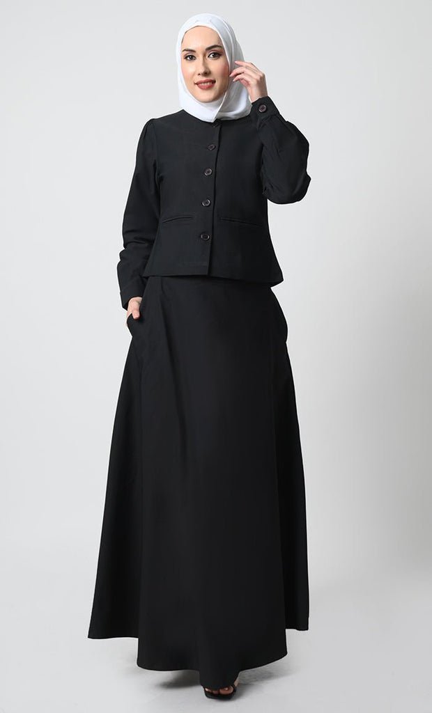 2 - Piece Korean Twill Uniform – Round Neck, Cuffed Sleeves, Pockets - EastEssence.com