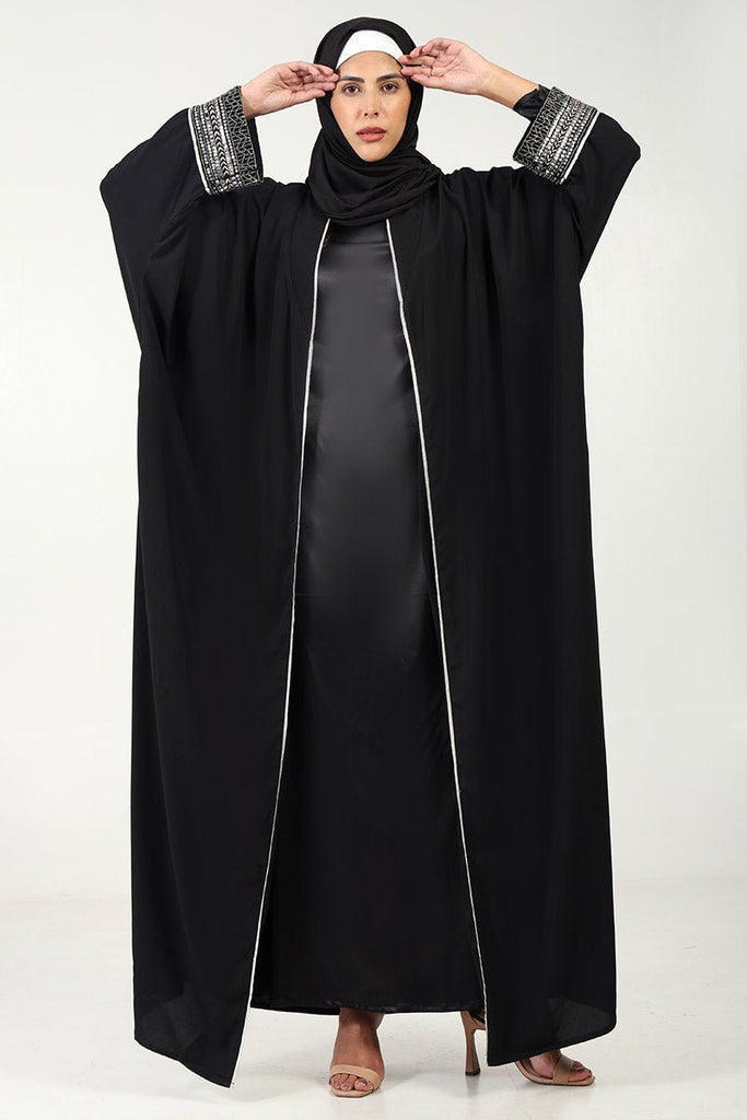 2 - Piece Nida Shrug Abaya with Metallic Silver Embroidery & Satin Inner Lining - EastEssence.com