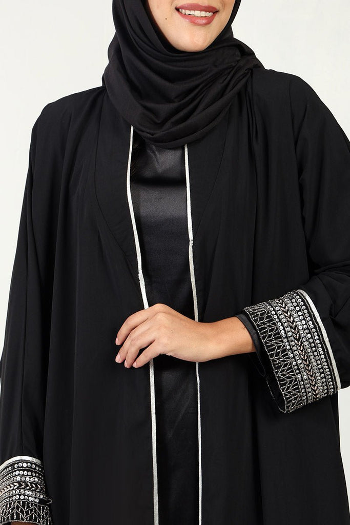 2 - Piece Nida Shrug Abaya with Metallic Silver Embroidery & Satin Inner Lining - EastEssence.com