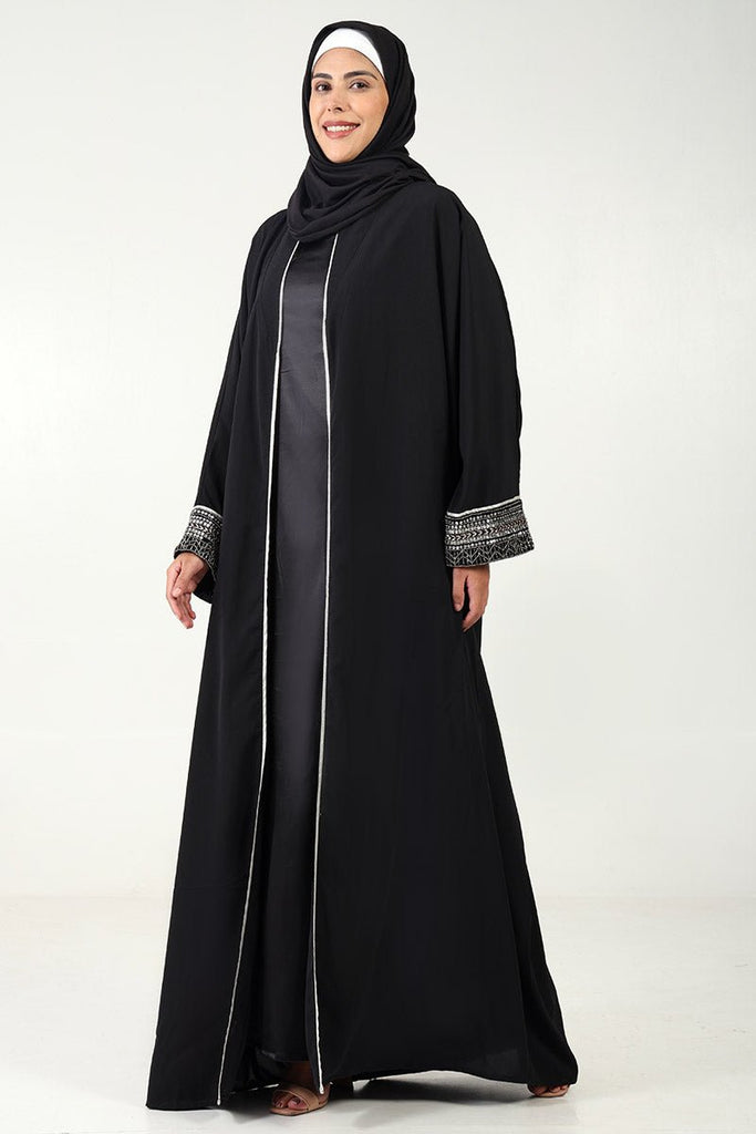 2 - Piece Nida Shrug Abaya with Metallic Silver Embroidery & Satin Inner Lining - EastEssence.com