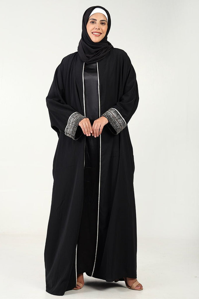 2 - Piece Nida Shrug Abaya with Metallic Silver Embroidery & Satin Inner Lining - EastEssence.com