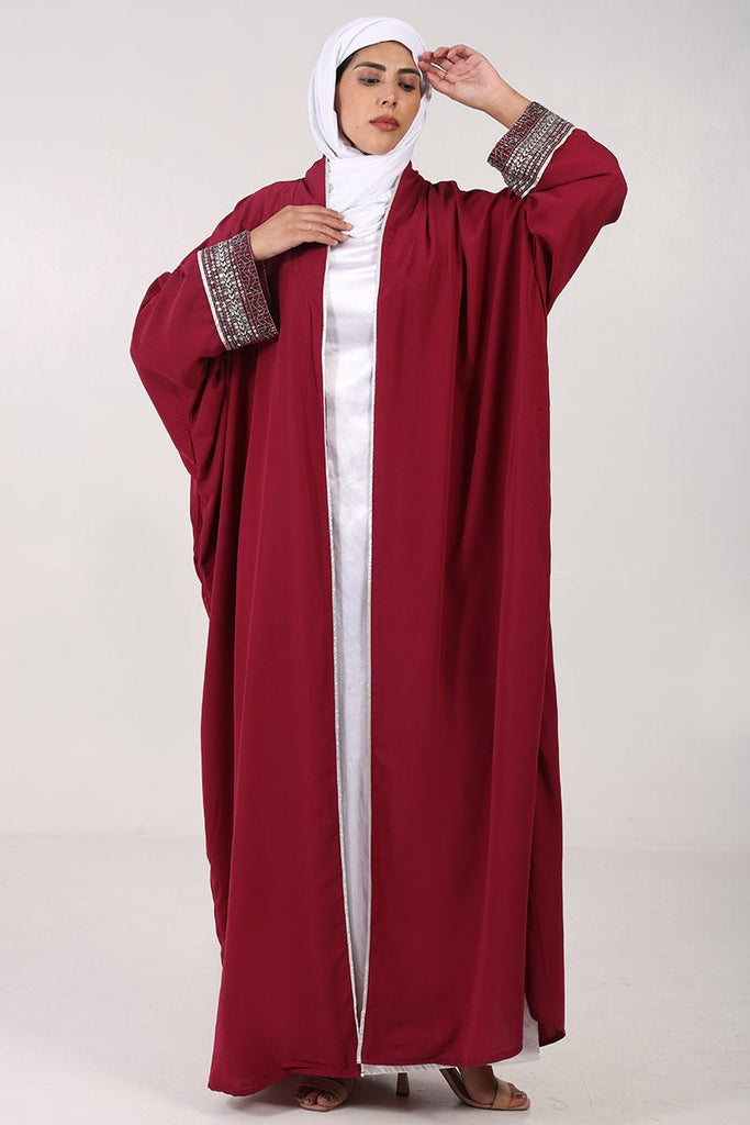 2 - Piece Nida Shrug Abaya with Metallic Silver Embroidery & Satin Inner Lining - Maroon - EastEssence.com