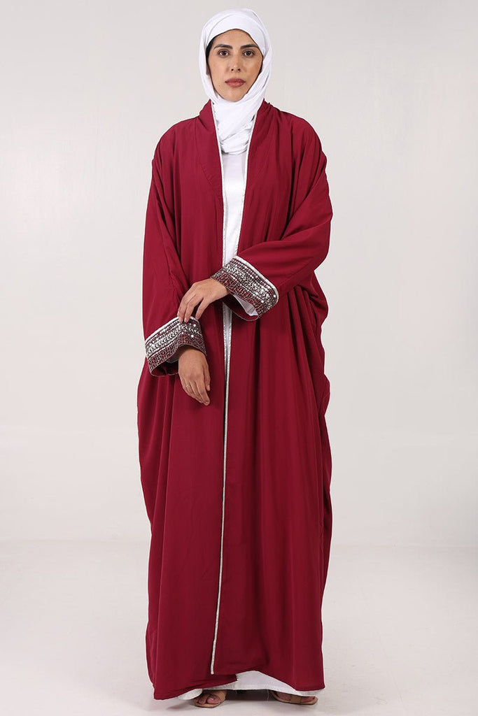 2 - Piece Nida Shrug Abaya with Metallic Silver Embroidery & Satin Inner Lining - Maroon - EastEssence.com