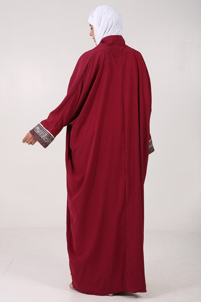 2 - Piece Nida Shrug Abaya with Metallic Silver Embroidery & Satin Inner Lining - Maroon - EastEssence.com