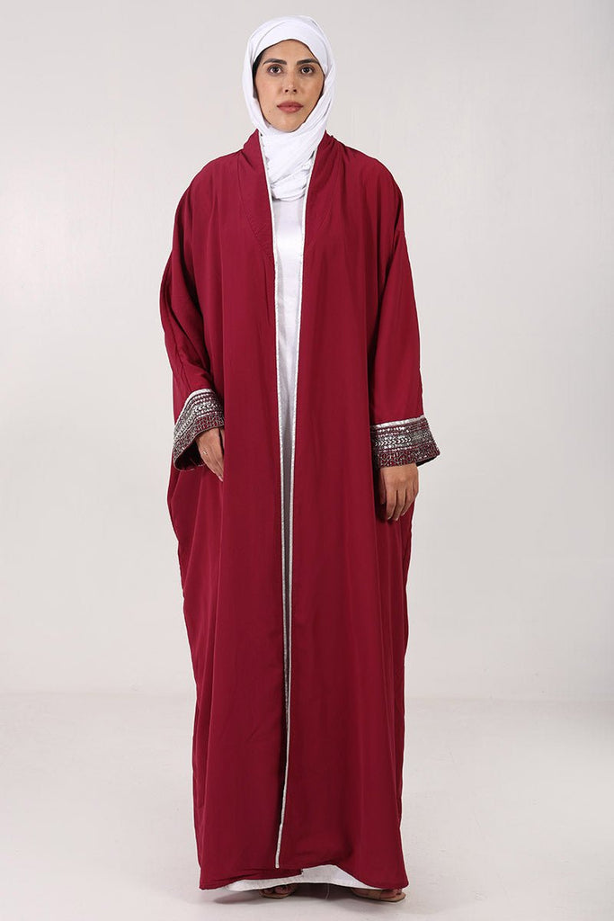 2 - Piece Nida Shrug Abaya with Metallic Silver Embroidery & Satin Inner Lining - Maroon - EastEssence.com