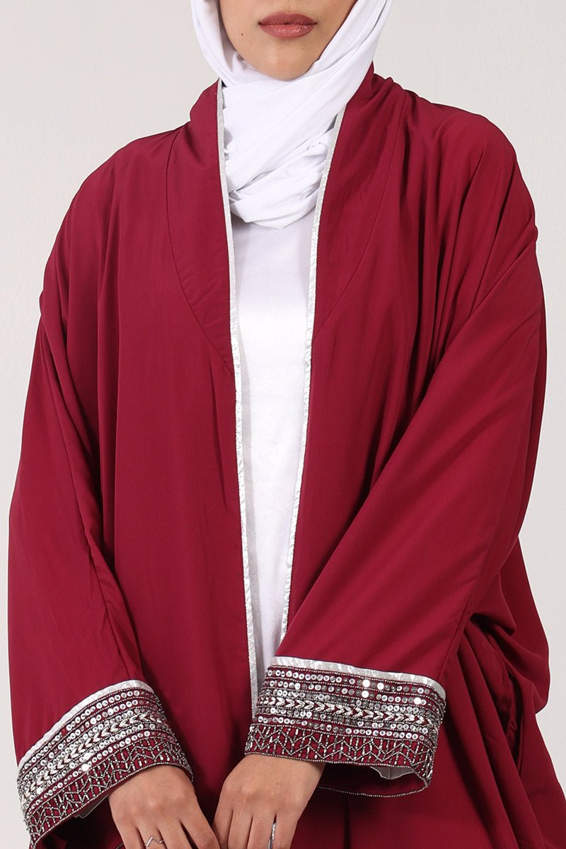 2 - Piece Nida Shrug Abaya with Metallic Silver Embroidery & Satin Inner Lining - Maroon - EastEssence.com