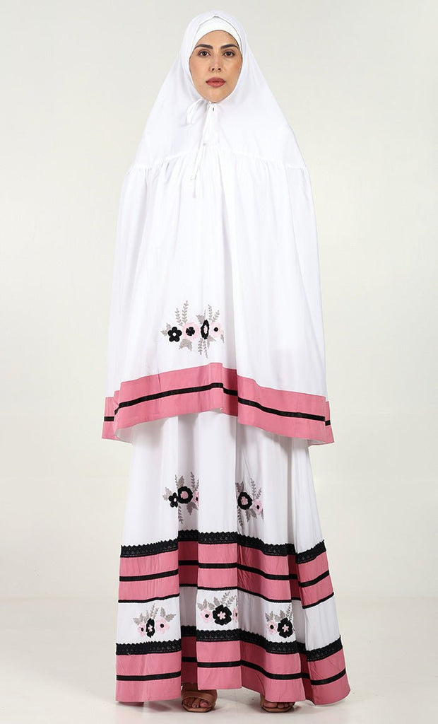 2 - Piece Prayer Set of Abaya and Hijab - Pink trim - EastEssence.com