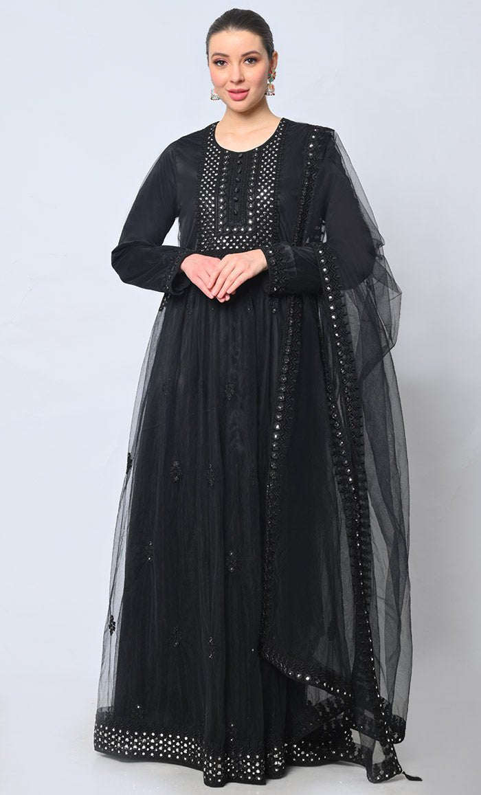 2pc Foil Work Embroidered Black Anarkali and Dupatta Set - EastEssence.com