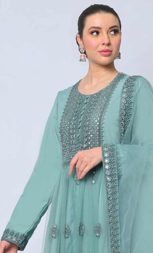 2pc Heavy Foil Work Embroidered Aqua Sky Anarkali and Dupatta Set - EastEssence.com