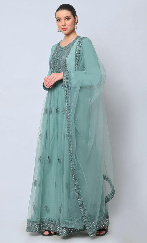 2pc Heavy Foil Work Embroidered Aqua Sky Anarkali and Dupatta Set - EastEssence.com