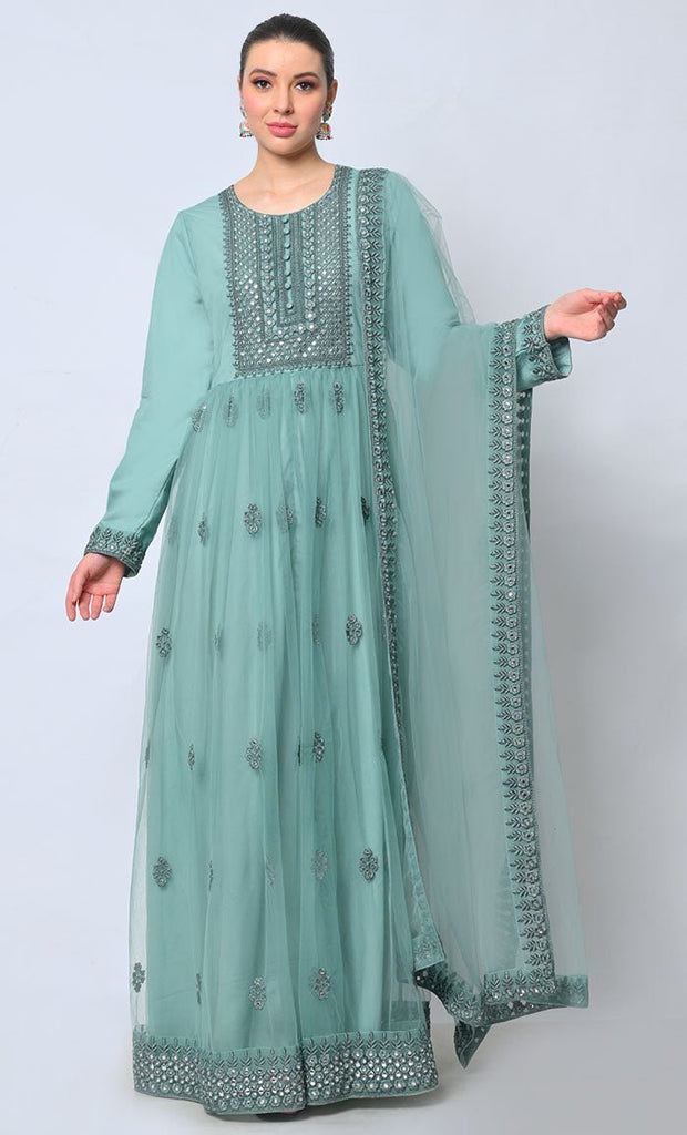 2pc Heavy Foil Work Embroidered Aqua Sky Anarkali and Dupatta Set - EastEssence.com