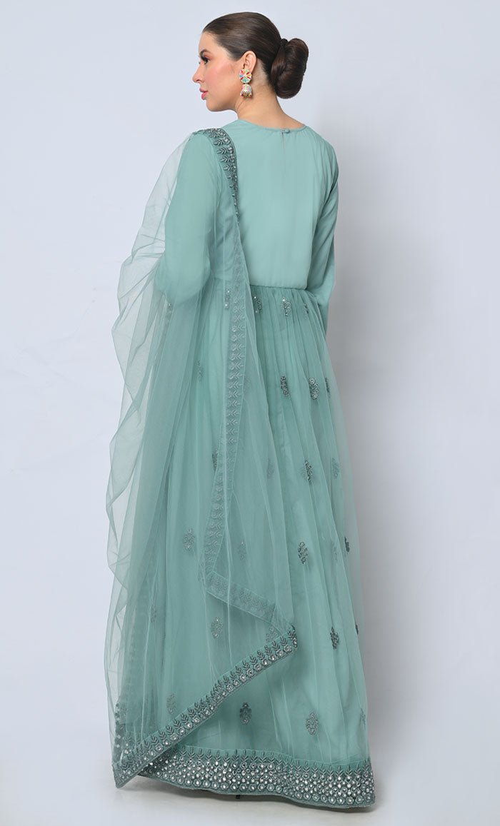 2pc Heavy Foil Work Embroidered Aqua Sky Anarkali and Dupatta Set - EastEssence.com