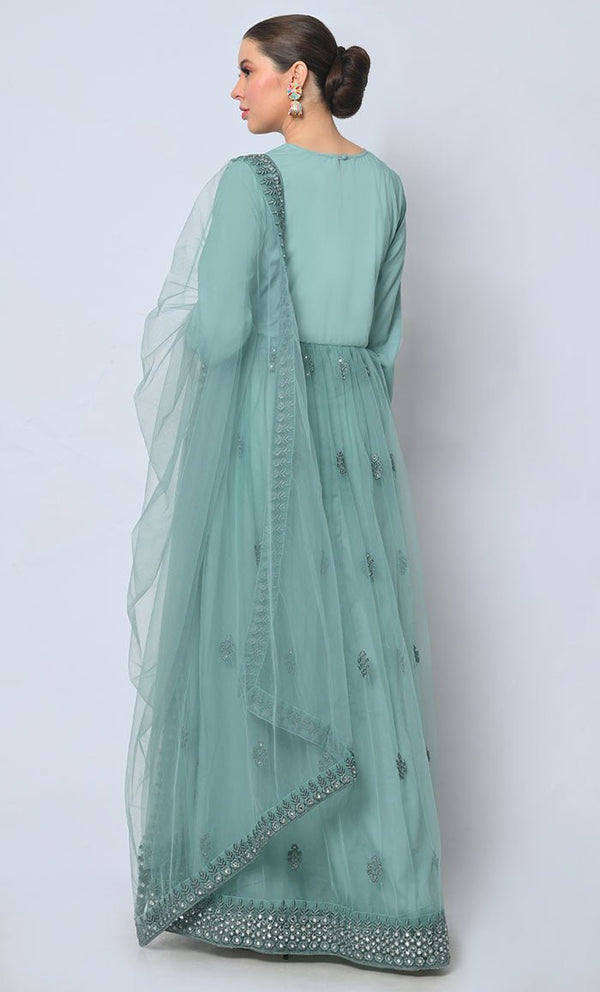 2pc Heavy Foil Work Embroidered Aqua Sky Anarkali and Dupatta Set - EastEssence.com
