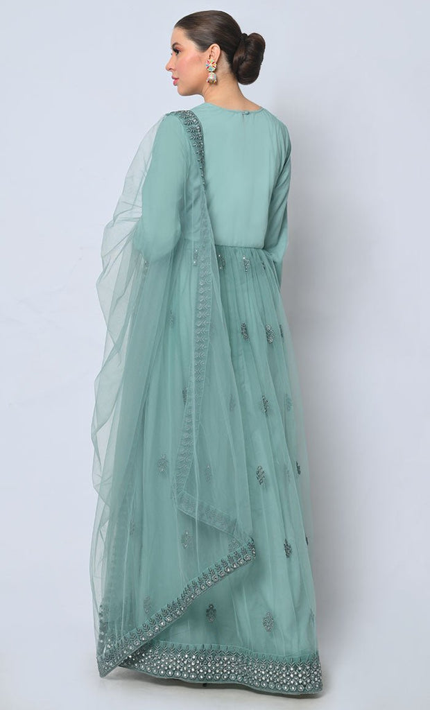 2pc Heavy Foil Work Embroidered Aqua Sky Anarkali and Dupatta Set - EastEssence.com