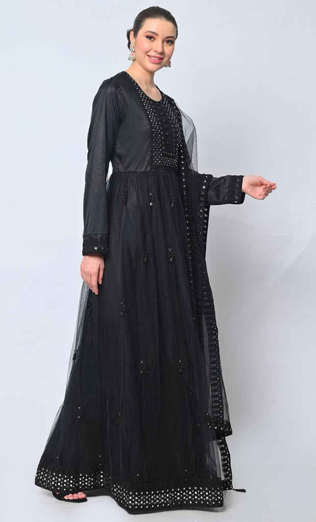 2pc Heavy Foil Work Embroidered Black Anarkali and Dupatta Set - EastEssence.com