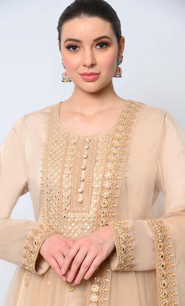 2pc Heavy Foil Work Embroidered Sand Anarkali and Dupatta Set - EastEssence.com