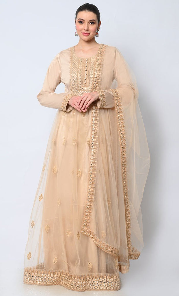 2pc Heavy Foil Work Embroidered Sand Anarkali and Dupatta Set - EastEssence.com