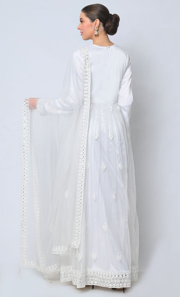 2pc Heavy Foil Work Embroidered White Anarkali and Dupatta Set - EastEssence.com