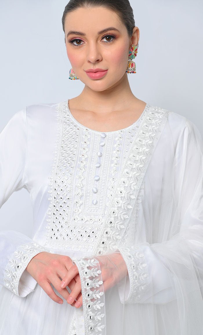 2pc Heavy Foil Work Embroidered White Anarkali and Dupatta Set - EastEssence.com