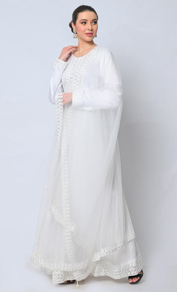 2pc Heavy Foil Work Embroidered White Anarkali and Dupatta Set - EastEssence.com